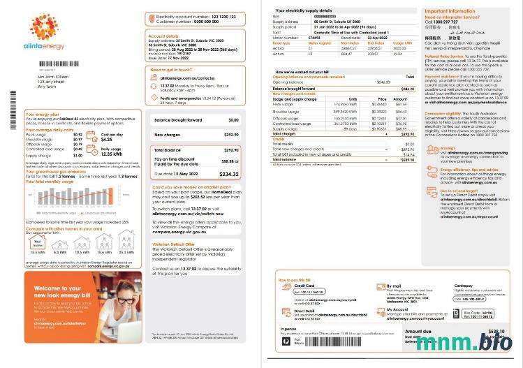 Australia Alinta Energy szablon rachunku za energię elektryczną w formacie Word i PDF, 2 strony